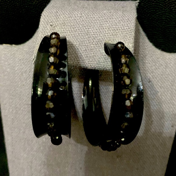 Black Metal Hoop pierced Earrings with attached beads - Picture 1 of 5